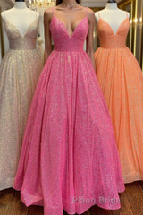 Shiny Tulle V Neck Backless Hot Pink/Orange/Champagne Long Formal Prom Dresses, Backless Hot Pink/Orange/Champagne Formal Graduation Evening Dresses