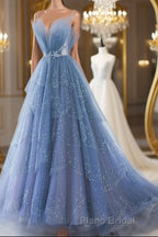 Shiny Tulle V Neck Blue Long Formal Prom Dress, Blue Tulle Formal Evening Dress, Blue Ball Gown
