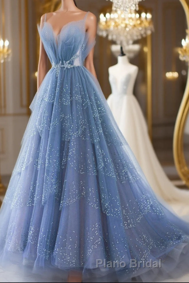 Shiny Tulle V Neck Blue Long Formal Prom Dress, Blue Tulle Formal Evening Dress, Blue Ball Gown