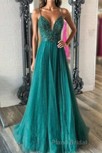 Shiny V Neck Backless Beaded Green Tulle Long Formal Prom Dress, Green Lace Formal Dress, Beaded Evening Dress