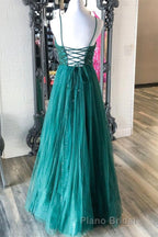 Shiny V Neck Backless Beaded Green Tulle Long Formal Prom Dress, Green Lace Formal Dress, Beaded Evening Dress