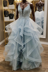 Shiny V Neck Backless Fluffy Blue Long Formal Prom Dresses, V Neck Blue Formal Dresses, Blue Lace Evening Dresses