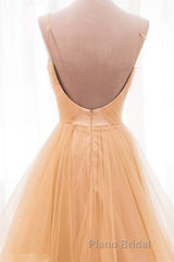 Shiny V Neck Backless Golden Long Formal Prom Dress, Backless Golden Formal Dress, Golden Evening Dress