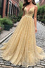 Shiny V Neck Backless Long Golden Formal Prom Dress, Sparkly Golden Formal Dress, Golden Evening Dress