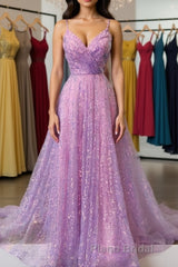 Shiny V Neck Backless Long Purple Formal Prom Dress, Backless Lilac Formal Graduation Evening Dress