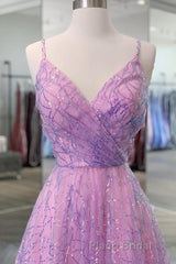 Shiny V Neck Backless Long Purple Formal Prom Dress, Backless Lilac Formal Graduation Evening Dress