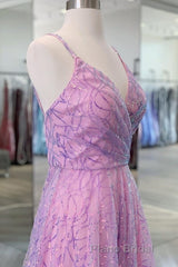 Shiny V Neck Backless Long Purple Formal Prom Dress, Backless Lilac Formal Graduation Evening Dress