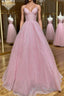 Shiny V Neck Backless Pink Long Formal Prom Dress, Backless Pink Formal Graduation Evening Dress