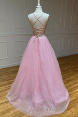 Shiny V Neck Backless Pink Long Formal Prom Dress, Backless Pink Formal Graduation Evening Dress