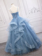 Shiny V Neck Blue Prom Dresses, Shiny V Neck Blue Formal Evening Dresses