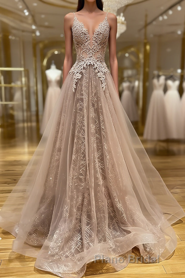 Shiny V Neck Champagne Lace Formal Prom Dresses, Champagne V Neck Lace Formal Graduation Evening Dresses Main image