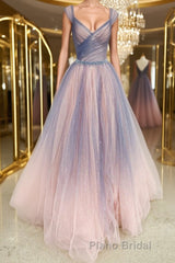 Shiny V Neck Colorful Champagne Long Formal Prom Dress, Champagne Formal Evening Dress