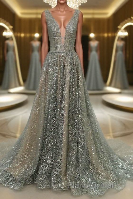 Shiny V Neck Open Back Champagne Long Formal Prom Dresses, Champagne Formal Graduation Evening Dresses Main image