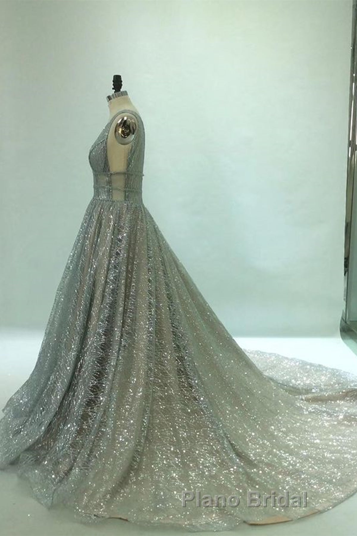 Shiny V Neck Open Back Champagne Long Formal Prom Dresses, Champagne Formal Graduation Evening Dresses