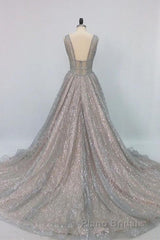 Shiny V Neck Open Back Champagne Long Formal Prom Dresses, Champagne Formal Graduation Evening Dresses