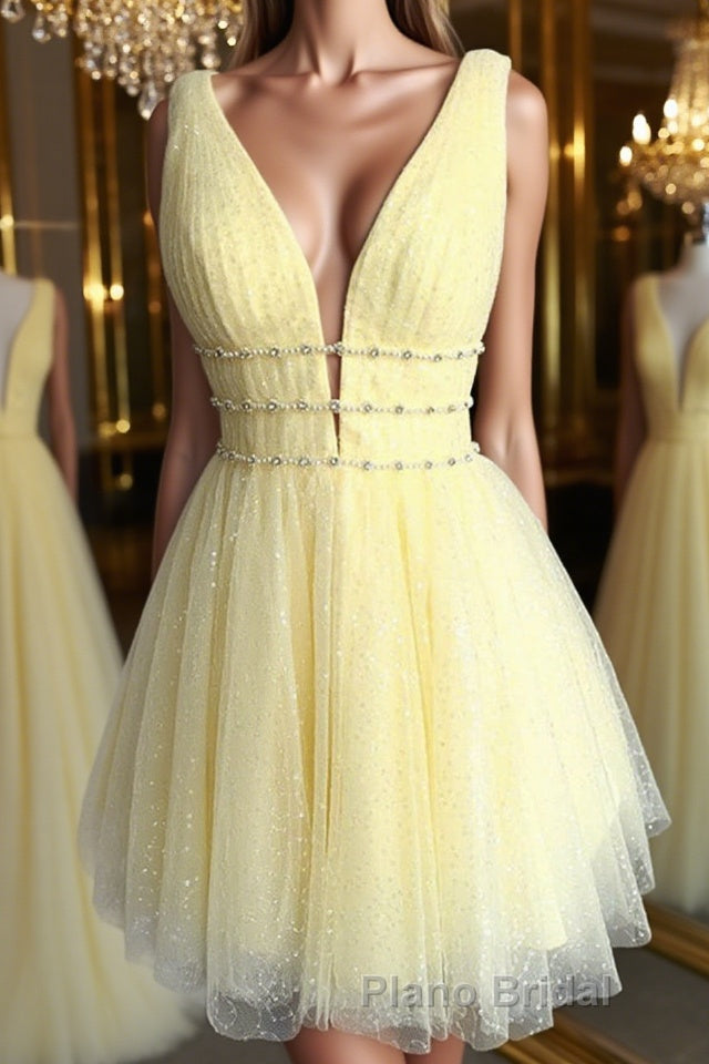 Shiny V Neck Open Back Yellow Tulle Short Formal Prom Dress, V Neck Yellow Formal Graduation Homecoming Dress