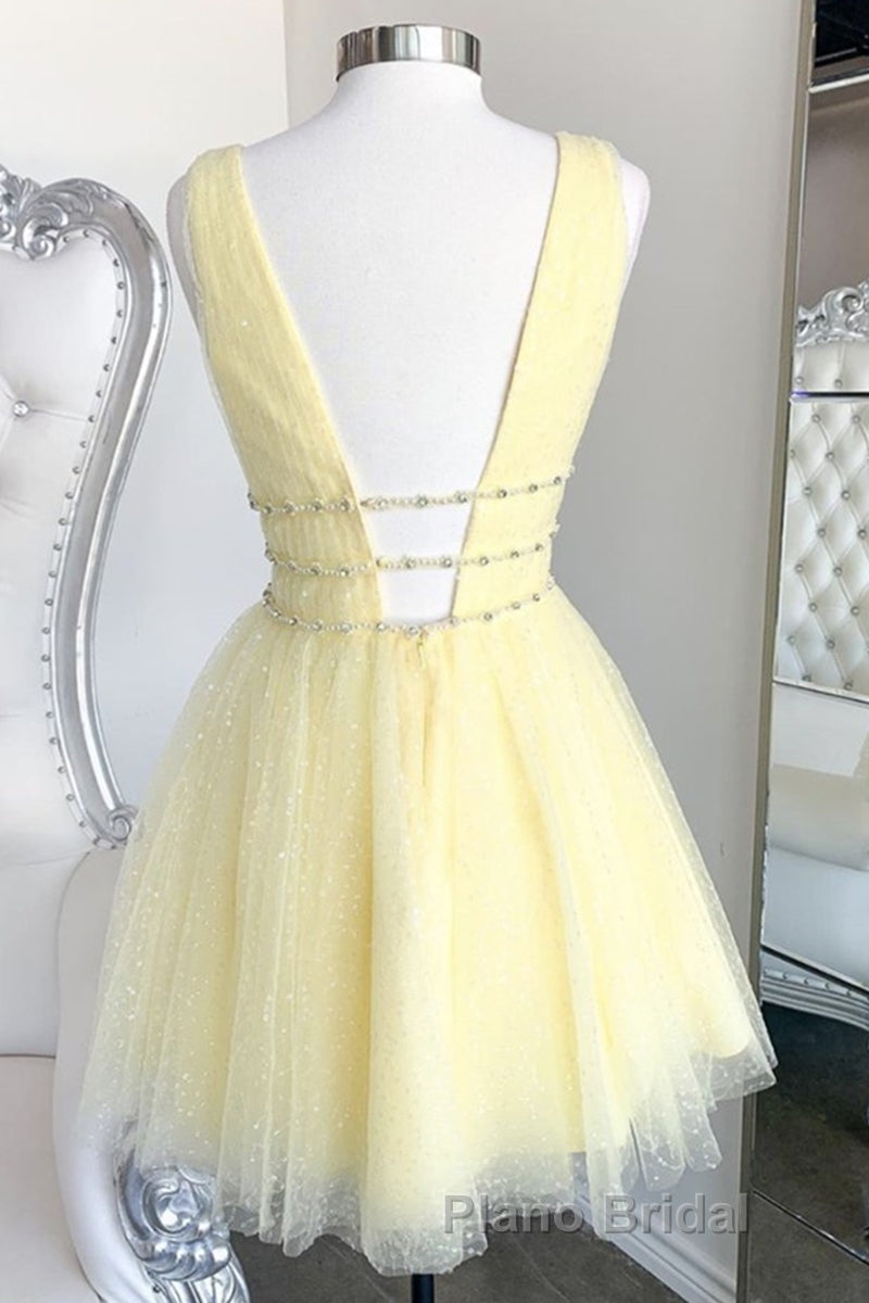 Shiny V Neck Open Back Yellow Tulle Short Formal Prom Dress, V Neck Yellow Formal Graduation Homecoming Dress Secondary image