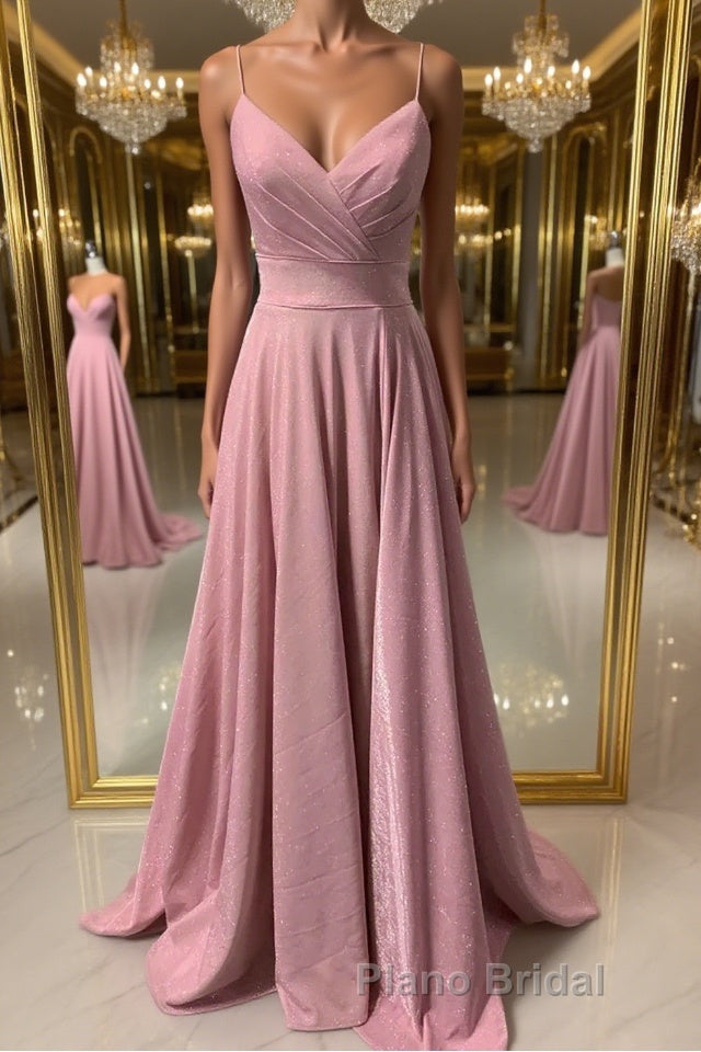 Shiny V Neck Pink Long Formal Prom Dresses, Pink V Neck Long Formal Evening Dresses Main image