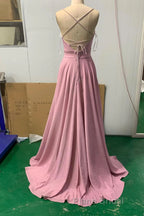 Shiny V Neck Pink Long Formal Prom Dresses, Pink V Neck Long Formal Evening Dresses