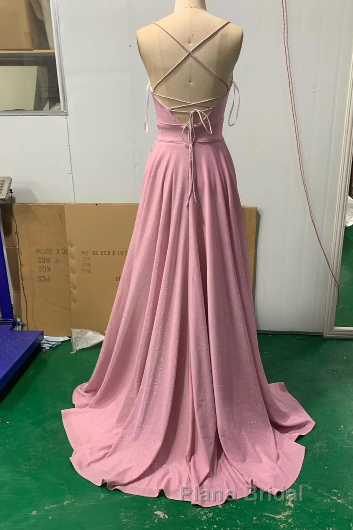 Shiny V Neck Pink Long Formal Prom Dresses, Pink V Neck Long Formal Evening Dresses