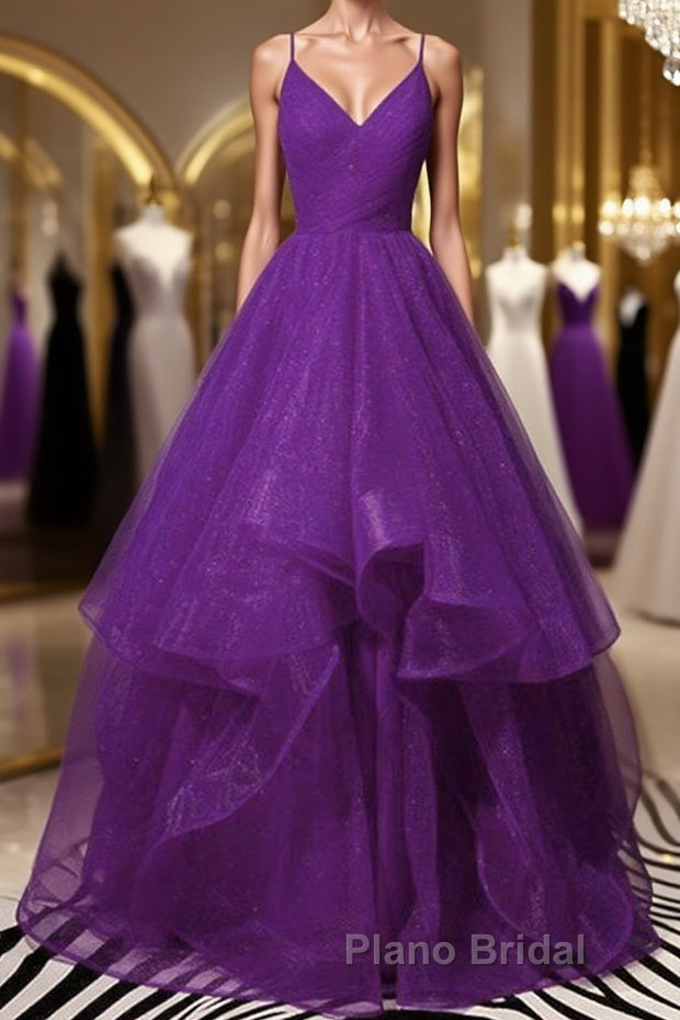 Shiny V Neck Purple Long Formal Prom Dresses, Long Purple Formal Evening Dresses, Purple Ball Gown