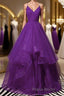 Shiny V Neck Purple Long Formal Prom Dresses, Long Purple Formal Evening Dresses, Purple Ball Gown