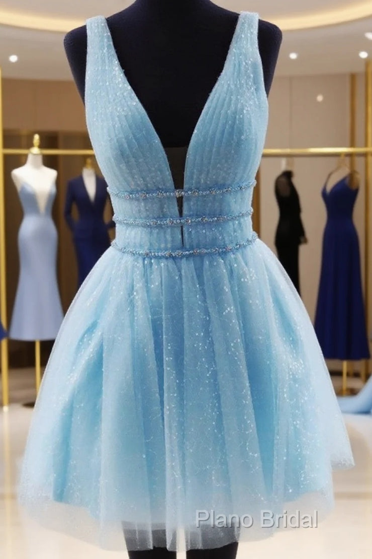 Shiny V Neck Short Blue/Yellow Formal Prom Dressesses, Short Blue/Yellow V Neck Fomal Homecoming Graduation Dresses Main image