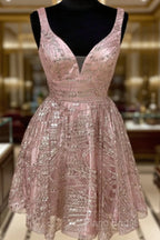 Shiny V Neck Short Champagne Formal Prom Dresses, Short V Neck Champagne Graduation Formal Dresses