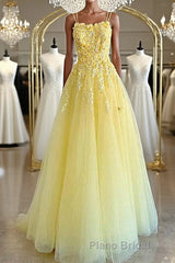 Shiny Yellow Lace Floral Formal Prom Dresses, Shiny Yellow Lace Floral Formal Evening Dresses