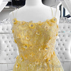 Shiny Yellow Lace Floral Formal Prom Dresses, Shiny Yellow Lace Floral Formal Evening Dresses