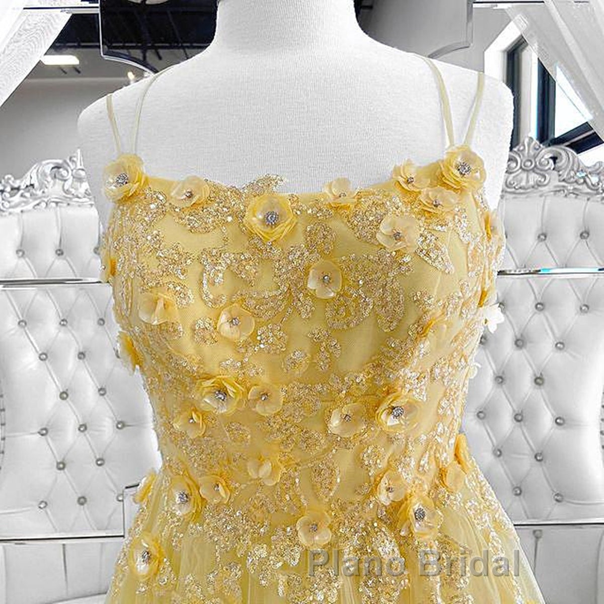 Shiny Yellow Lace Floral Formal Prom Dresses, Shiny Yellow Lace Floral Formal Evening Dresses
