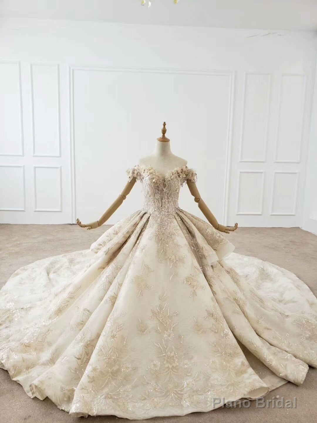 Shop Champagne Ball Gown Tulle Appiques Long Train Huate Couture Wedding Dress Main image