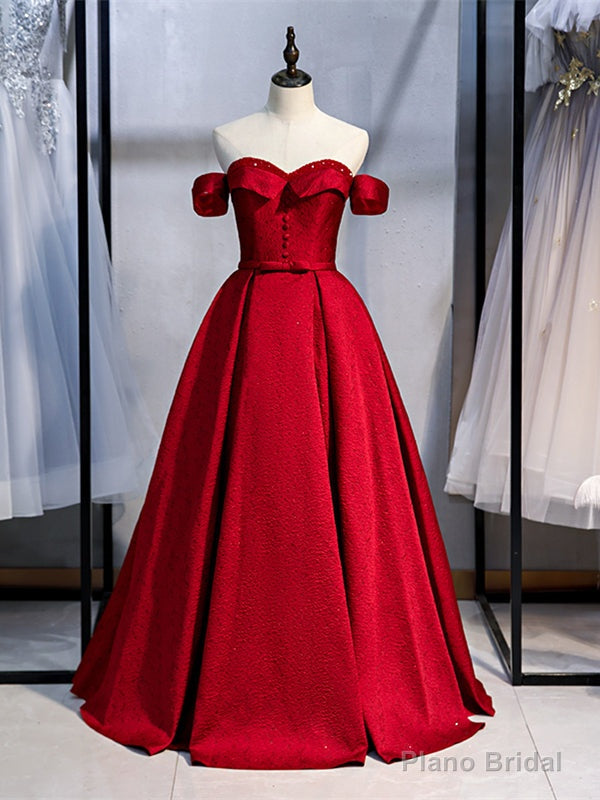 Shop Cheap Off The Shoulder Satin Floor Length Dark Red Bow Prom Dress Under 128 Main image
