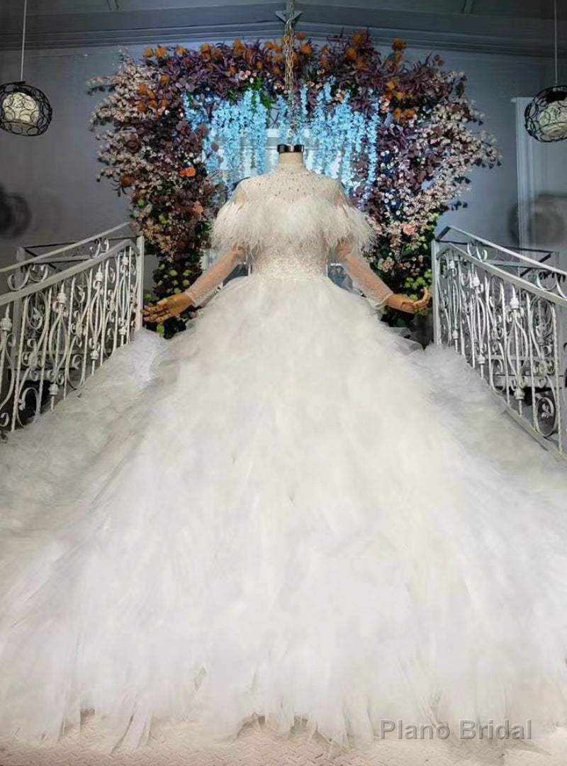 Shop For The Perfect White Ball Gown Tulle Long Sleeve High Neck Beading Wedding Dress Main image