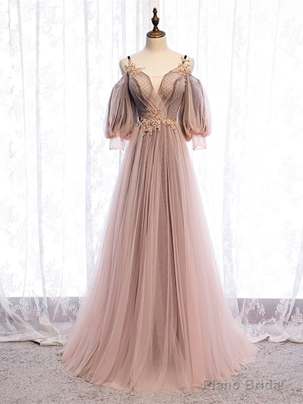 Shop Half Sleeve Dusty Pink Straps See Through Appliques Prom Dress Under 135 Main image