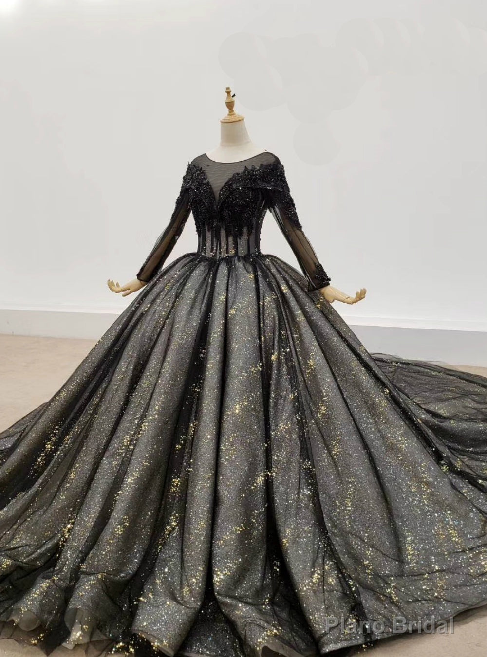 Shop Online Black Ball Gown Tulle Sequins Long Sleeve Appliques Beading Wedding Dress 2 Main image