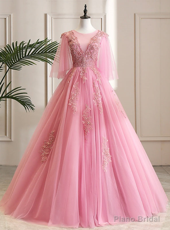 Shop Online Pink Ball Gown Tulle Appliques Beading Short Sleeve Quinceanera Dress Main image