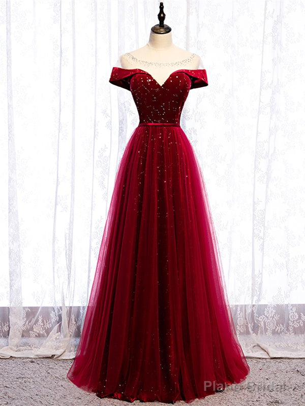 Shop Scoop Cap Sleeves See Through Sequin Tulle Burgundy Prom Dress Under 119 Main image