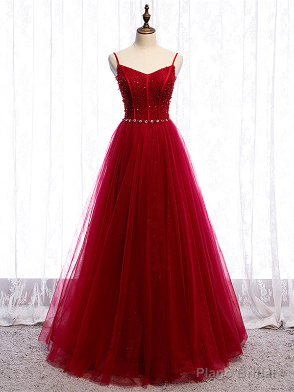 Shop Spaghetti Straps Tulle Beading Floor Length Burgundy Prom Dress Under 130 Main image