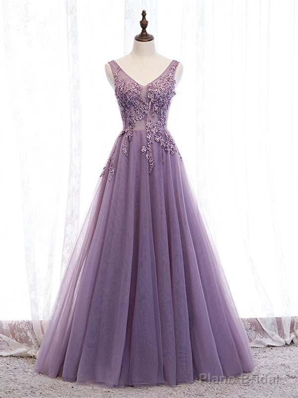 Shop V Neck Purple Beading Appliques Tulle A Line Prom Dress Under 129 Main image