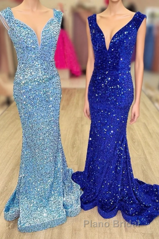 Blue Sequin V-Neck Lace-Up Mermaid Long Prom Dresses Main image