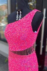 Fuchsia One Shoulder Sequins Tassels Cut-Out Long Formal Prom Dresses with Slit