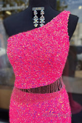 Fuchsia One Shoulder Sequins Tassels Cut-Out Long Formal Prom Dresses with Slit