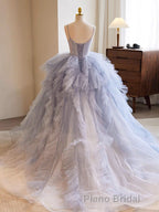 Blue Tulle Long Formal Prom Gown, Blue Tulle Long Sweet 16 Dresses
