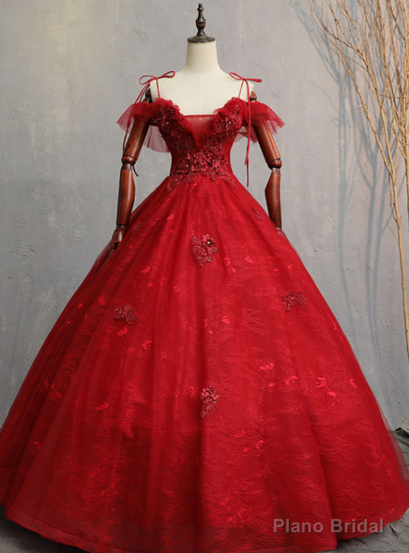 Shops Around The World Burgundy Ball Gown Tulle Lace Spagehtti Straps Appliques Quinceanera Dress Main image
