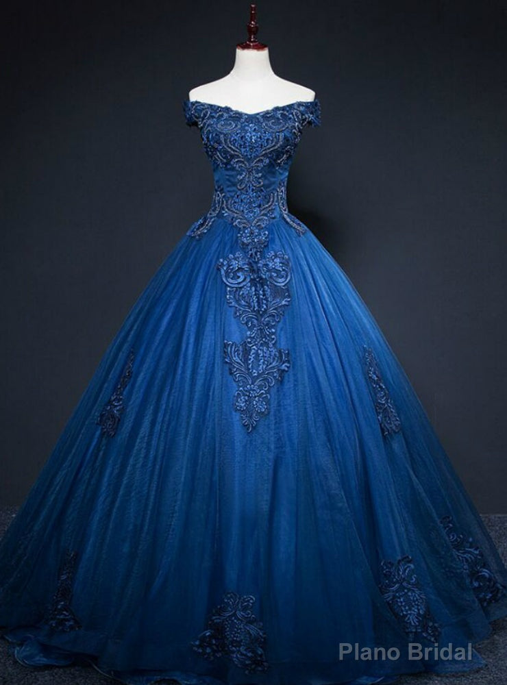 Shops Around The World Navy Blue Tulle Appliques Off the Shoulder Beading Quinceanera Dress