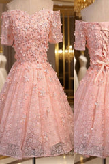 Short A-Line Junior Cute Off Shoulder Full Lace Appliques Beads Sweetheart Lace Up Back Homecoming Dresses