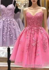 Short A Line Thin Straps Lace Formal Prom Dress, Lace Homecoming Dress, Short Formal Evening Dress