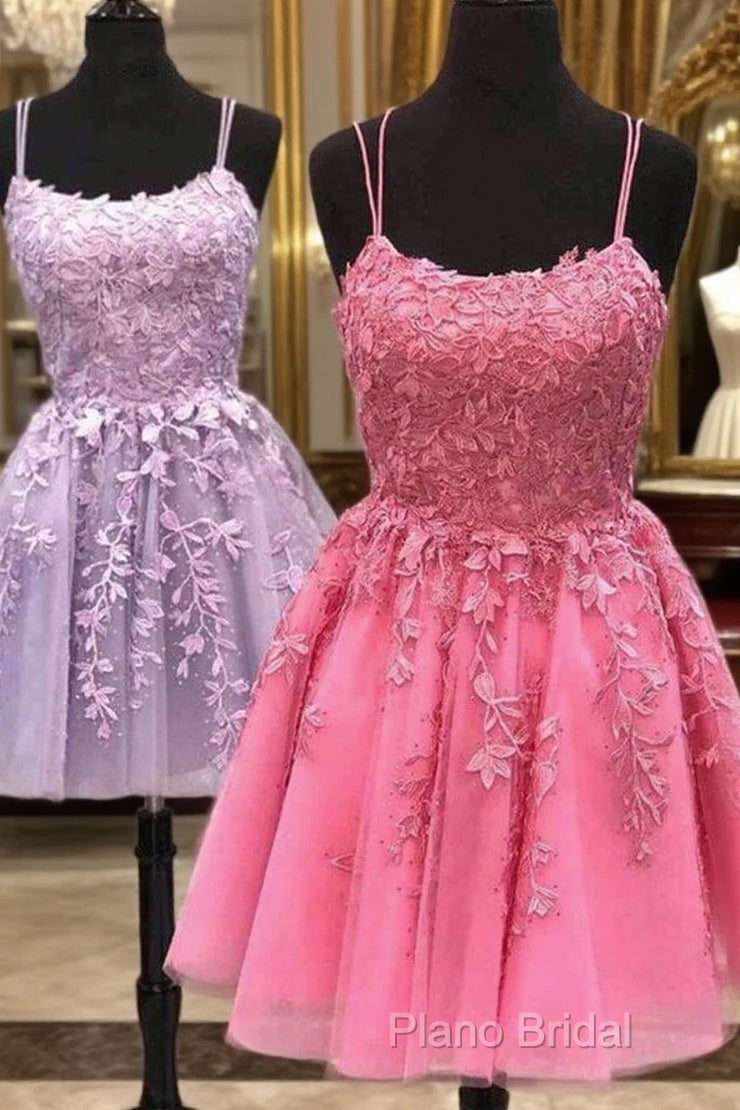 Short A Line Thin Straps Purple/Hot Pink Lace Formal Prom Dresses, Purple/Hot Pink Lace Homecoming Dresses, Lilac/Hot Pink Short Formal Dresses Main image