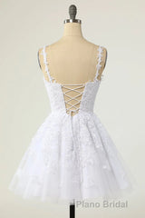 Short A-line V-neck Tulle Lace Backless Formal Prom Dresses white Homecoming Dresses